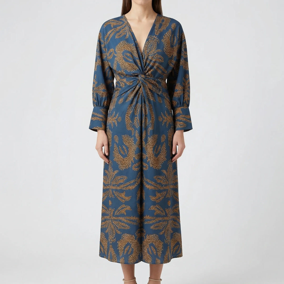 Stylish floral A-line midi dress for women, featuring V-neck and long sleeves, great for wedding guests & events.