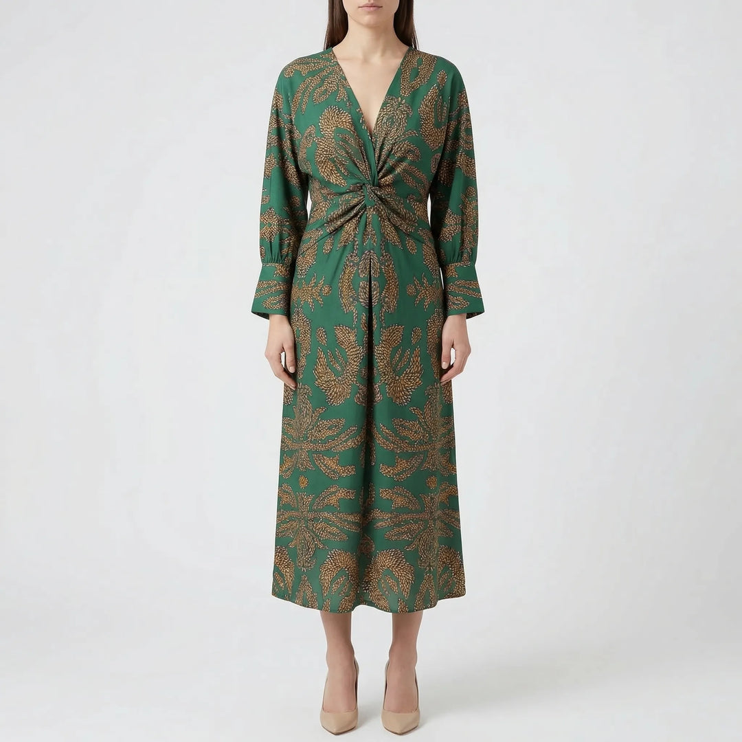 Chic V-neck, long sleeve floral midi dress for women, an elegant A-line design perfect for party wear & occasions.
