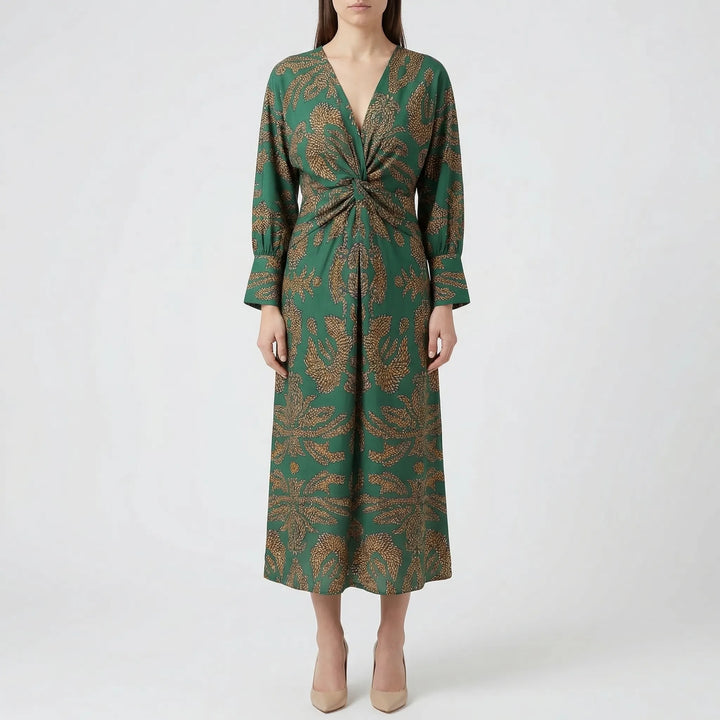 Chic V-neck, long sleeve floral midi dress for women, an elegant A-line design perfect for party wear & occasions.