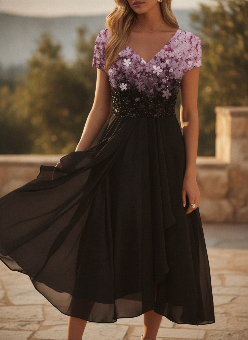 Elegant women's floral print cocktail dress, V-neck, short sleeve, knee-length, perfect for wedding guests.