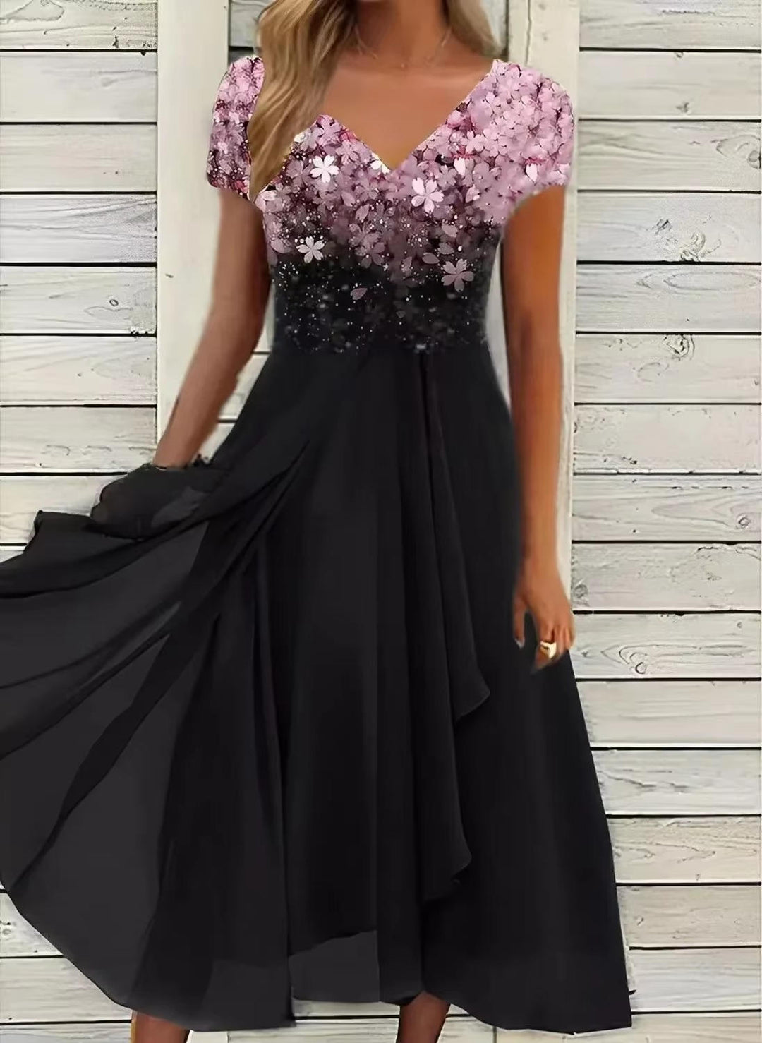 Women's formal knee-length occasion wear dress with elegant floral print and V-neck for parties.