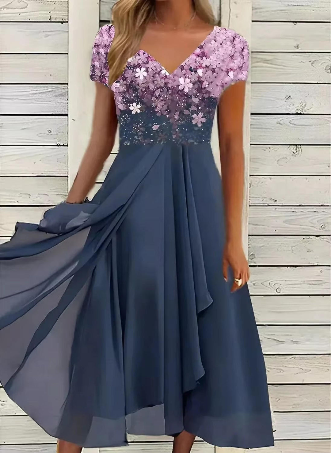 Chic floral print evening dress for women, short sleeve, ideal for wedding guests & formal events.
