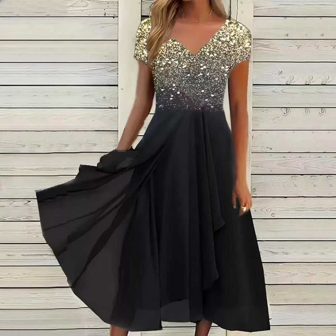 Elegant women's V-neck floral cocktail dress, knee-length, perfect party wear or wedding guest attire.