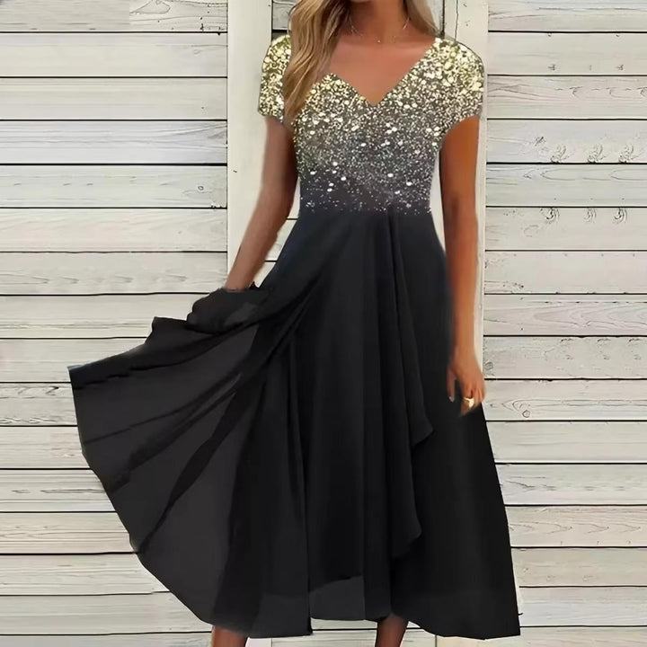 Elegant women's V-neck floral cocktail dress, knee-length, perfect party wear or wedding guest attire.
