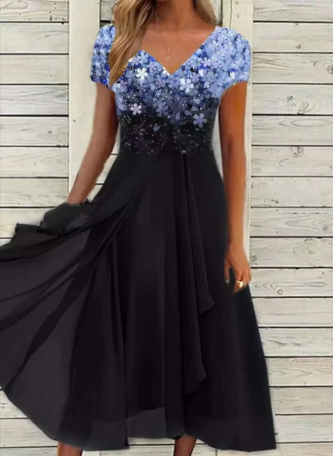 Sophisticated women's short sleeve floral print dress, elegant and comfortable for wedding guests.