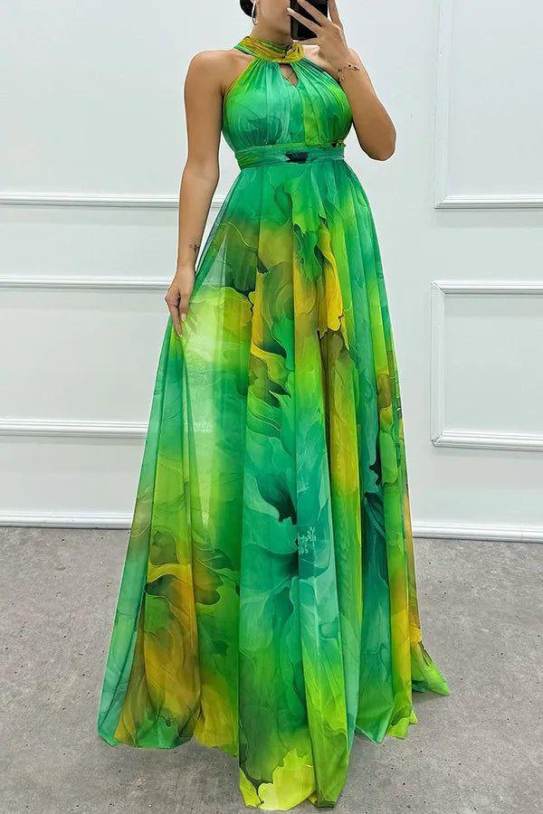 Elegant Women's Floral Print Halter Maxi Dress with Stylish Cutouts. Perfect for summer parties & formal events.