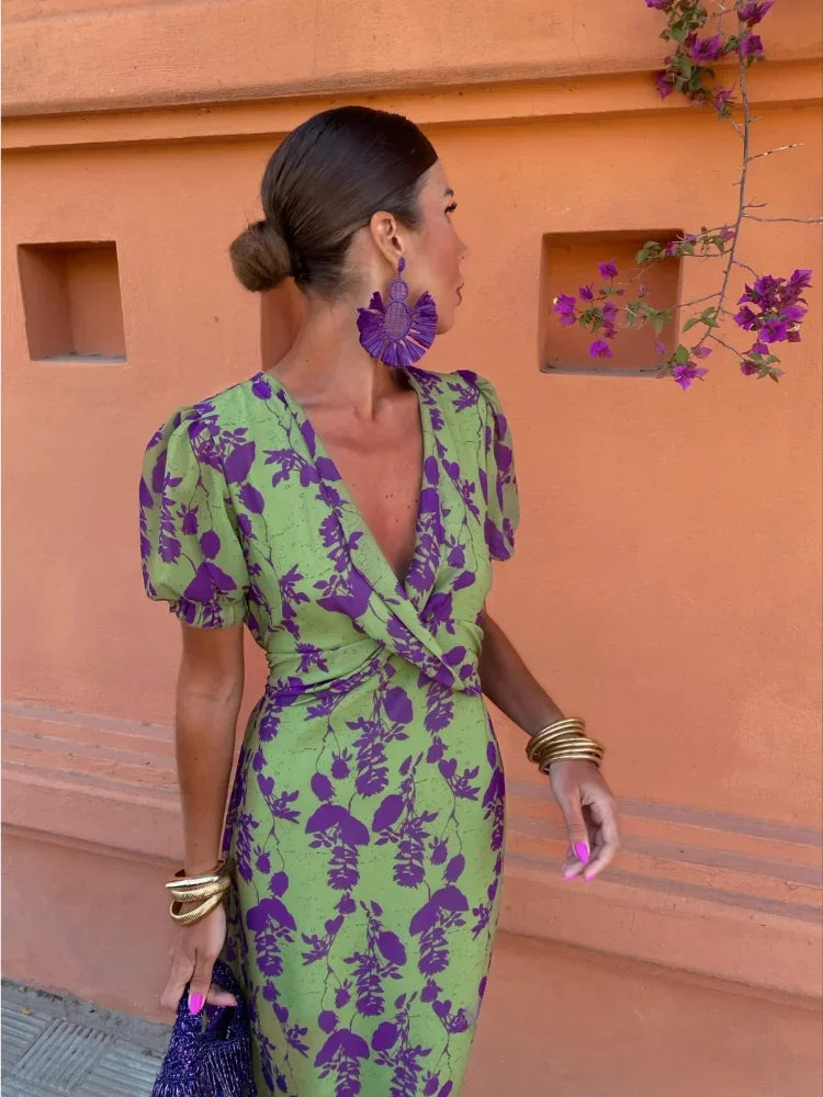 Elegant women's floral print maxi dress, a stylish V-neck wrap design perfect for spring and summer fashion.