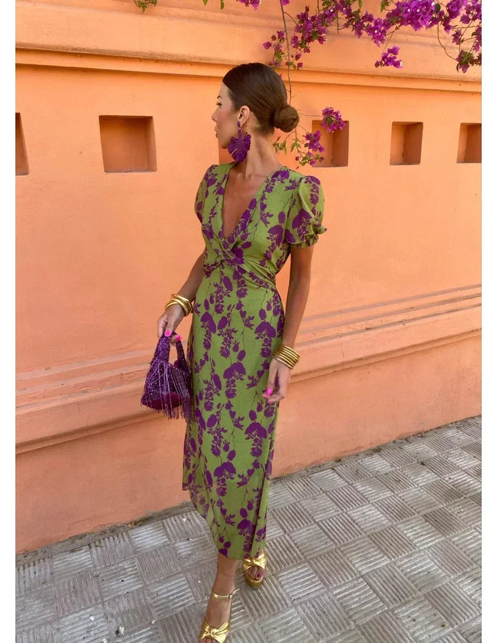 Comfortable & stylish women's floral maxi dress. V-neck, short sleeve, perfect blend of casual and elegant spring wear.
