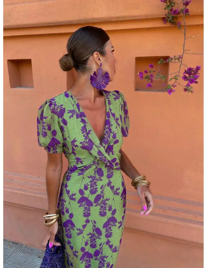 Chic women's floral print maxi dress, V-neck, short sleeve, wrap style. Elegant and casual for spring & summer.