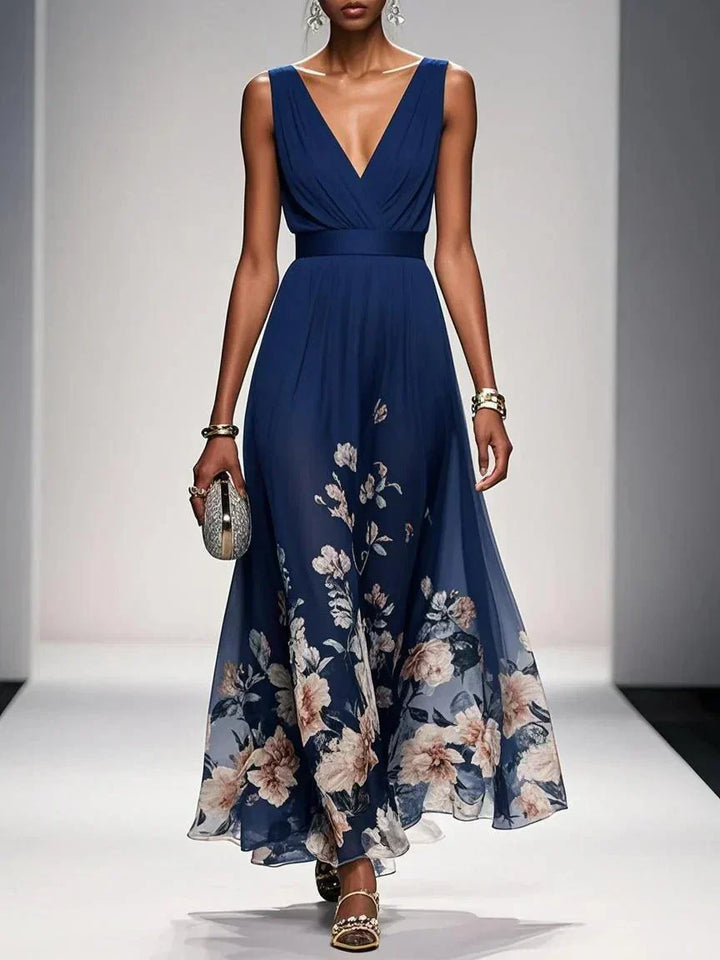 Flowy A-line floral print maxi dress with V-neck, ideal for summer parties & weddings.