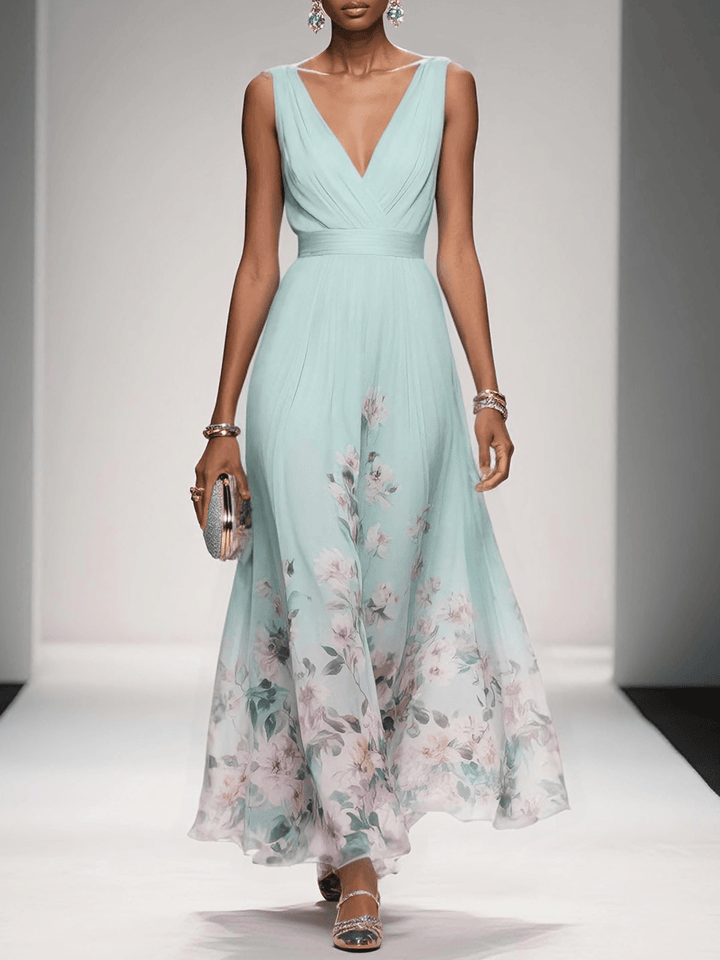 V-neck floral print A-line maxi dress, a stylish & flowy option for wedding guest or party.