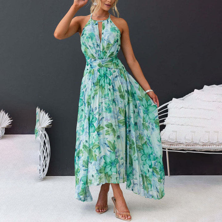 Elegant women's summer maxi dress with beautiful floral print, a breezy halter neck vacation essential.