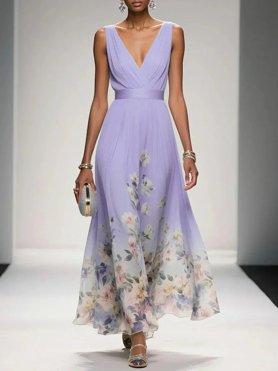 Summer V-neck floral maxi dress, light & flowy A-line design for garden parties & wedding guests.