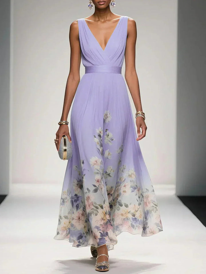 Summer V-neck floral maxi dress, light & flowy A-line design for garden parties & wedding guests.