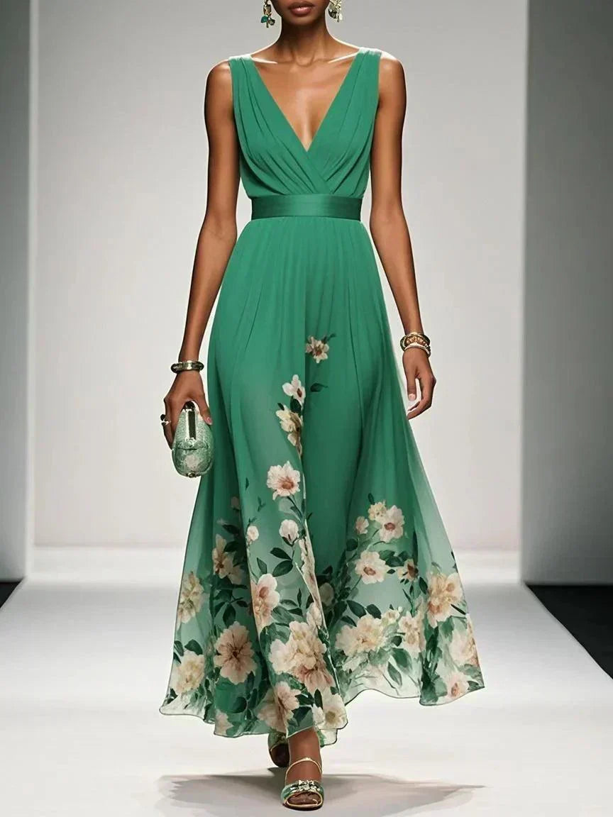 A-line floral print maxi dress, elegant & flowy V-neck for women attending weddings or parties.