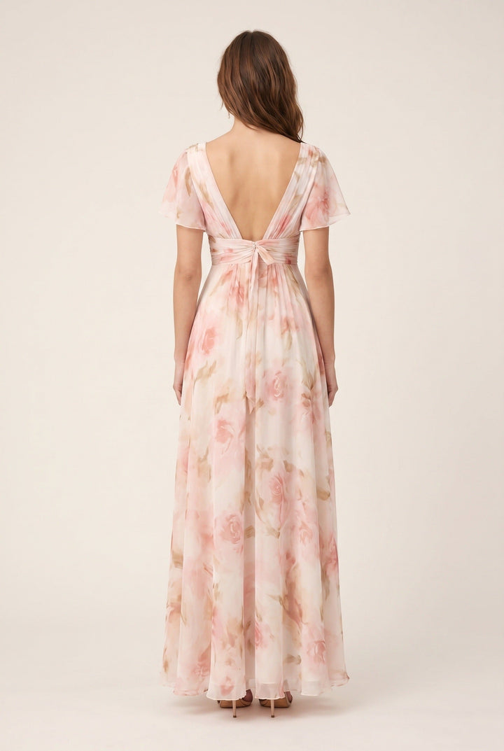 Chic women's elegant V-neck floral maxi dress, a flowing silhouette perfect for special occasion wear.