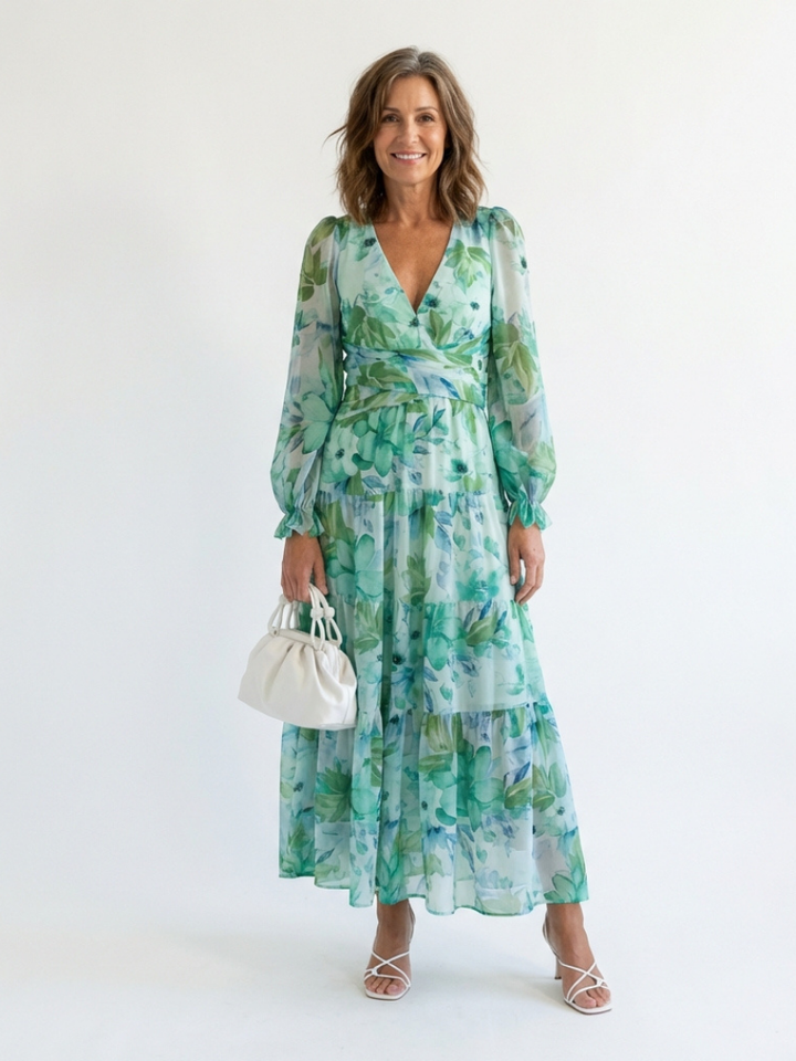 Elegant women's floral print maxi dress with long sleeves for spring/summer comfort & style.