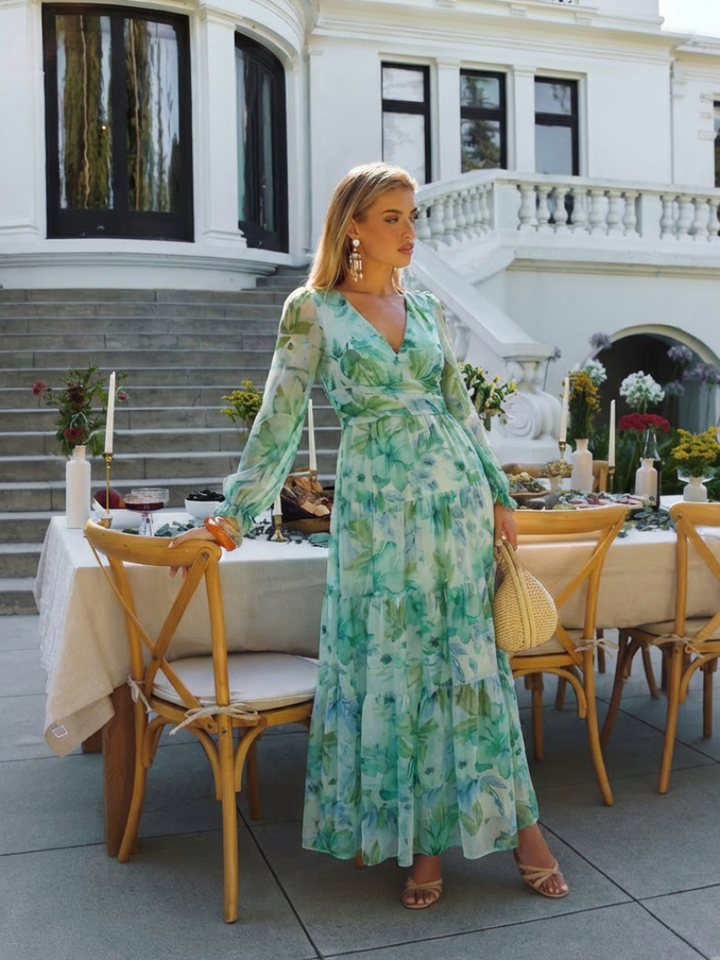 Versatile women's long sleeve floral maxi dress, suitable for everyday wear or elegant occasions.