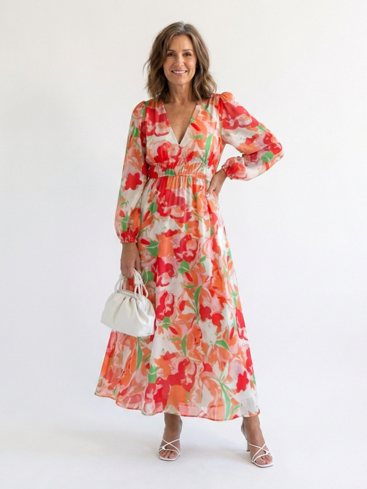 Party-ready women's elegant floral maxi dress, long sleeves & flowy design for special events.