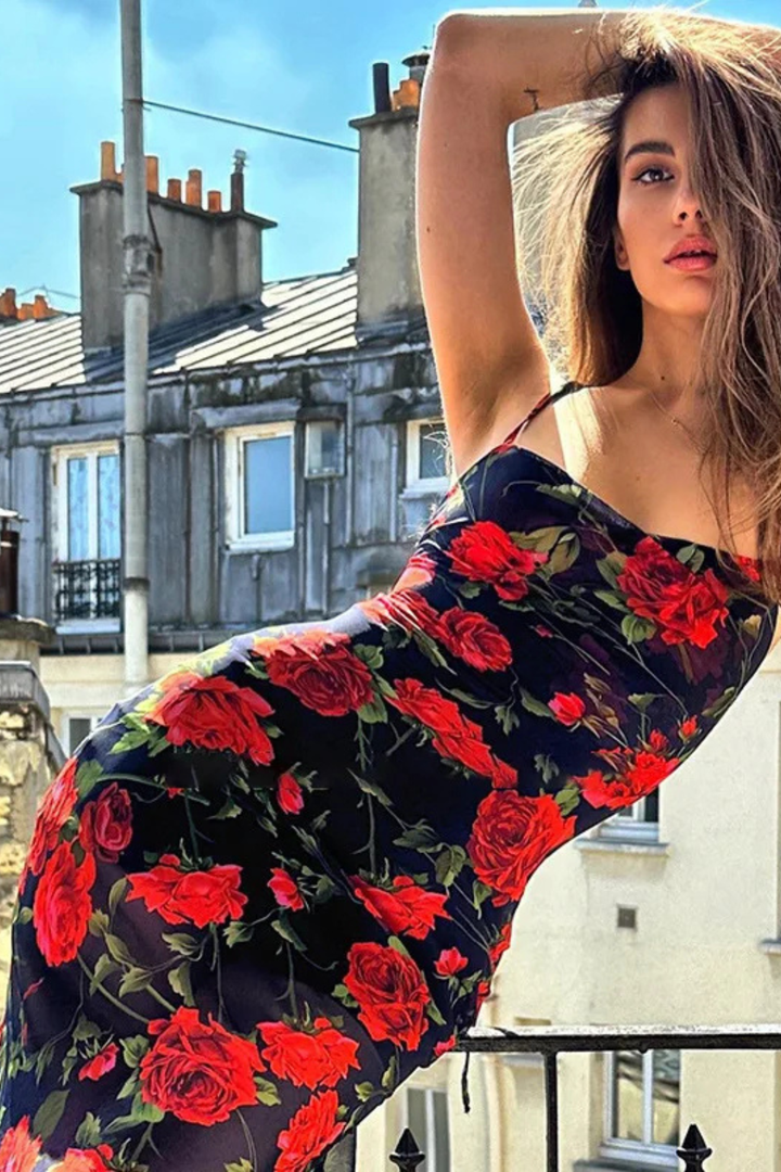 Beautiful women's floral spaghetti strap maxi dress, designed for a stylish and breezy summer look.