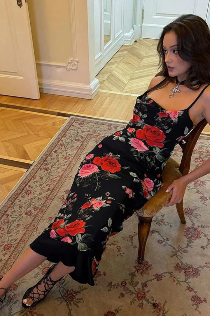 Women's sleeveless floral print maxi dress, elegant spaghetti strap design for summer, wedding guest or casual.