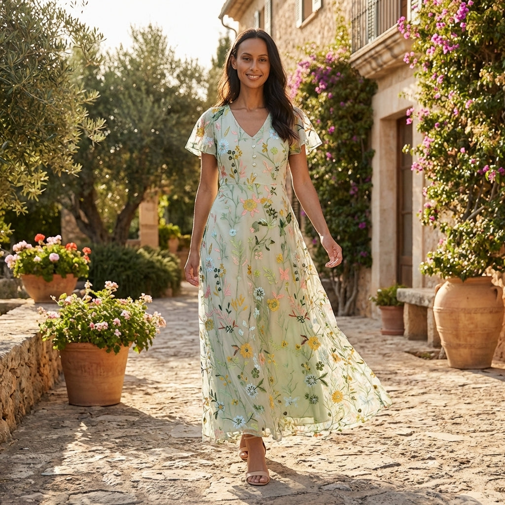 Elegant women's floral print maxi dress with V-neck & short sleeves, perfect for summer vacation or casual wear.