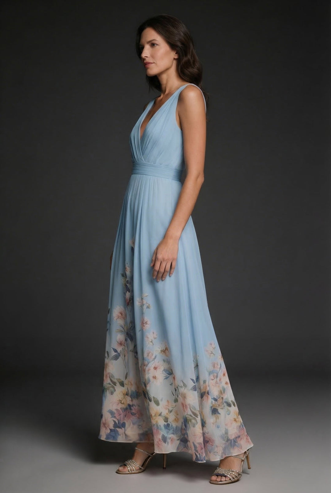 Chic summer maxi dress featuring a vibrant floral print and classic v-neck design.