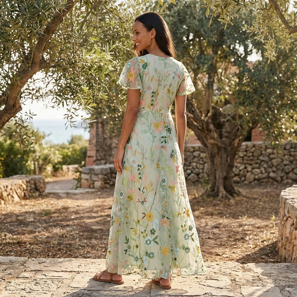Flowy floral maxi dress for women, featuring an elegant V-neck design, ideal for summer and vacation styling.