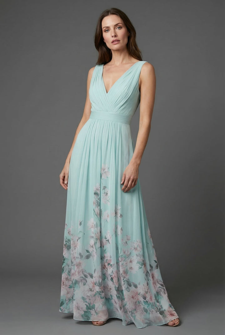 Flowy floral maxi dress for women, designed with a flattering empire waist and v-neck.