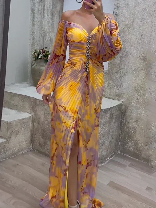 Long women's V-neck wedding guest dress with elegant floral print & three-quarter sleeves.