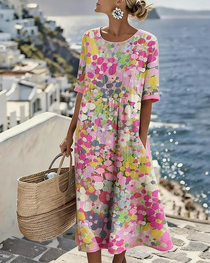 Elegant women's floral print midi dress with pockets, perfect for summer spring fashion.
