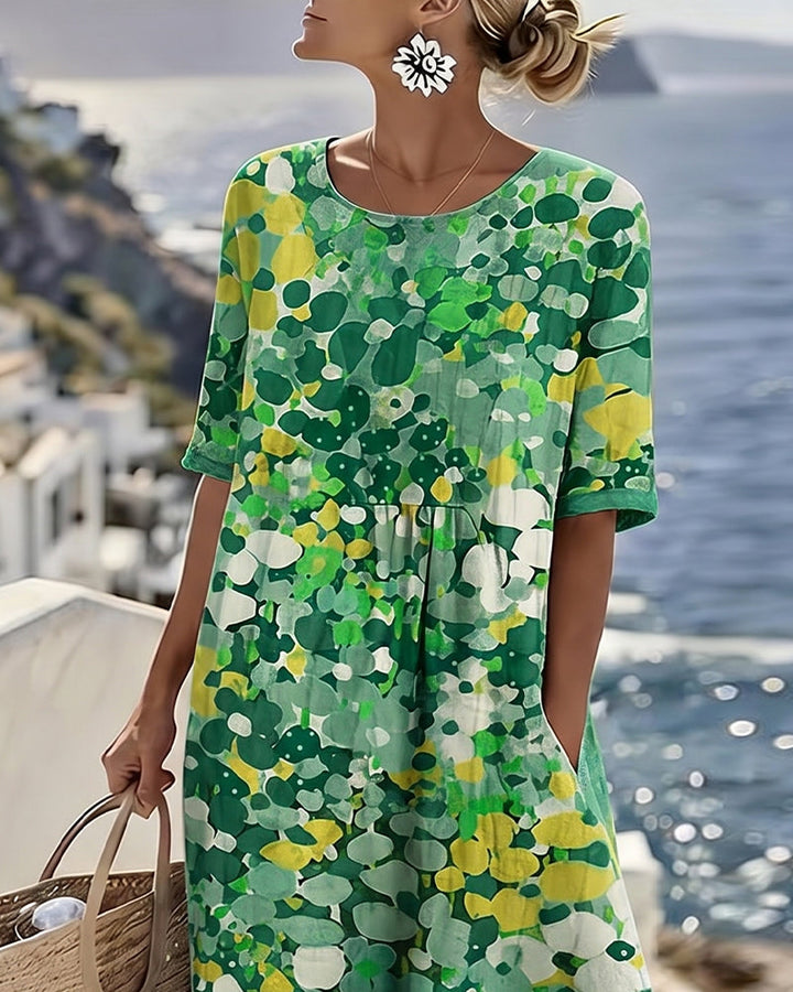 Chic floral midi dress for women, A-line silhouette, short sleeves, practical side pockets.