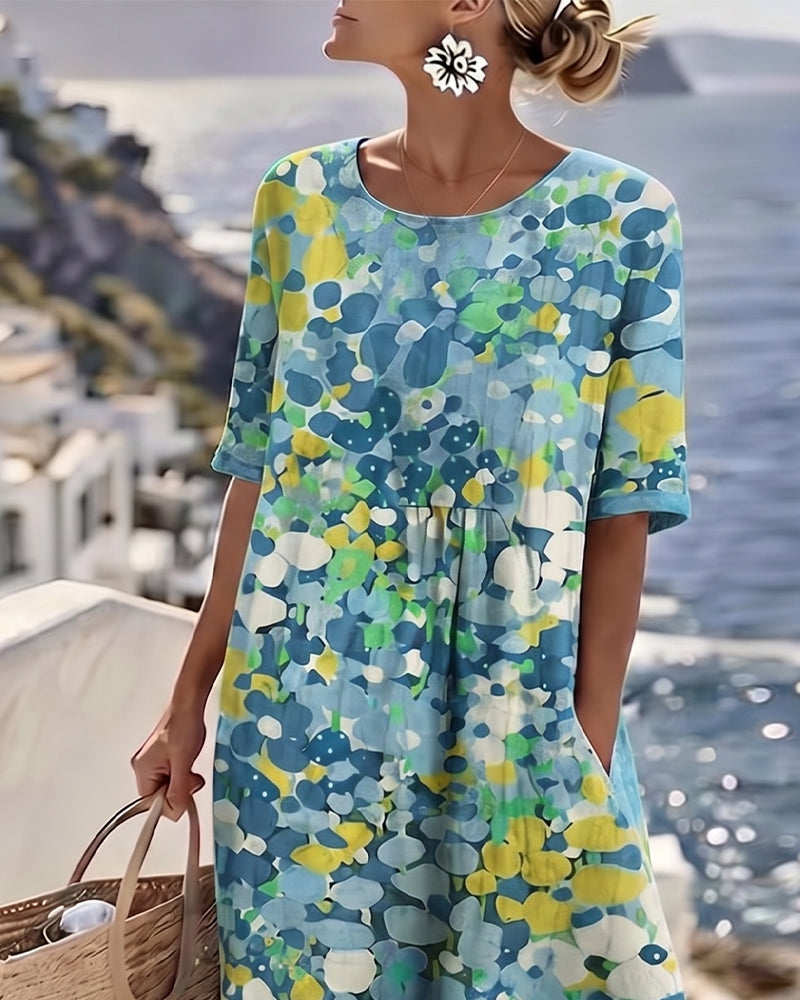 Vibrant floral print women's midi dress, A-line, short sleeve, with essential pockets.