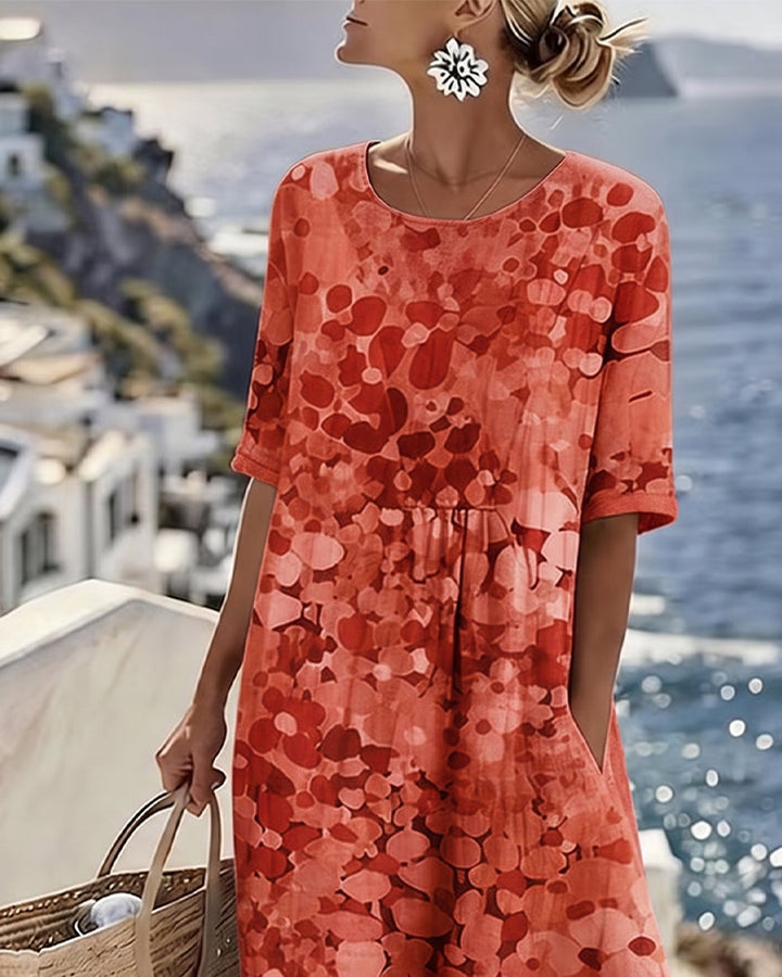 Elegant women's spring floral midi dress, versatile for various occasions, with pockets.