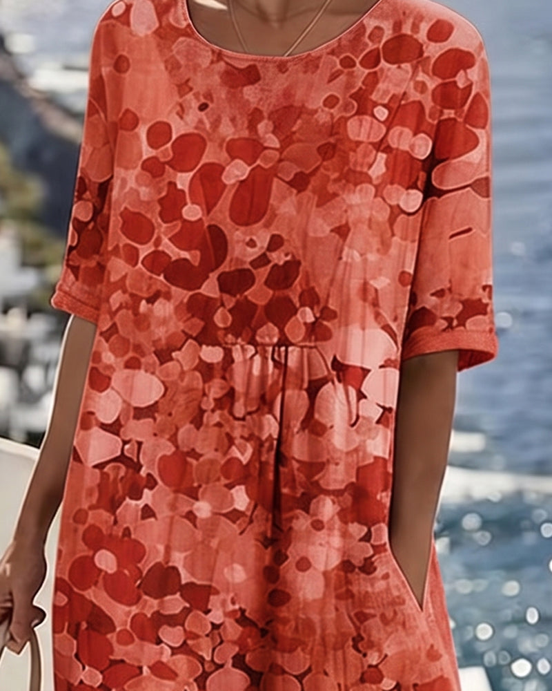 Women's summer floral A-line midi dress, short sleeve round neck, comfortable and stylish.