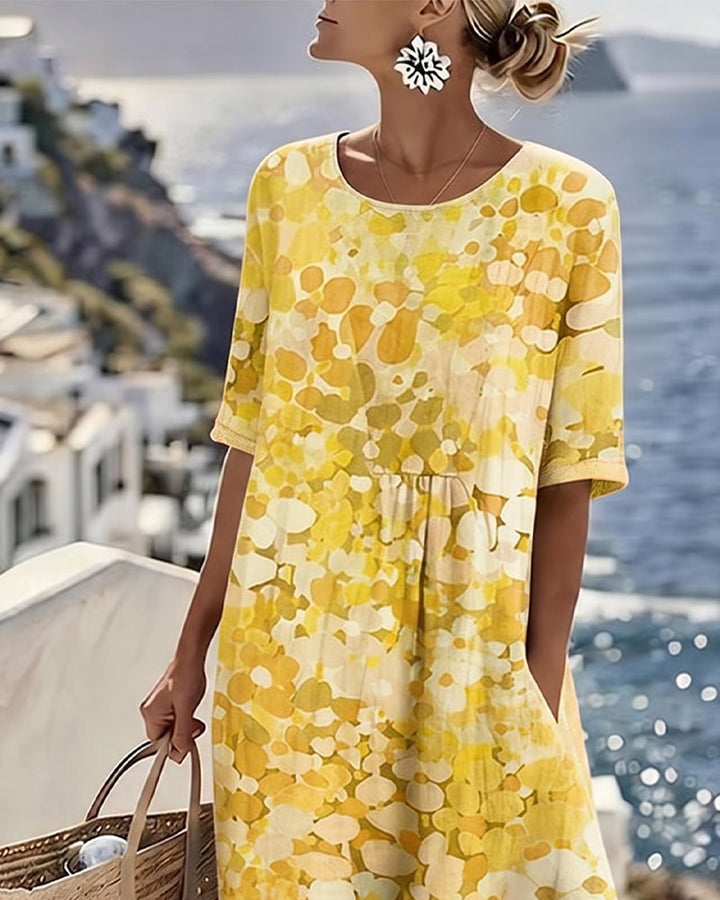 Short sleeve floral midi dress for women, round neck, A-line cut, featuring convenient pockets.