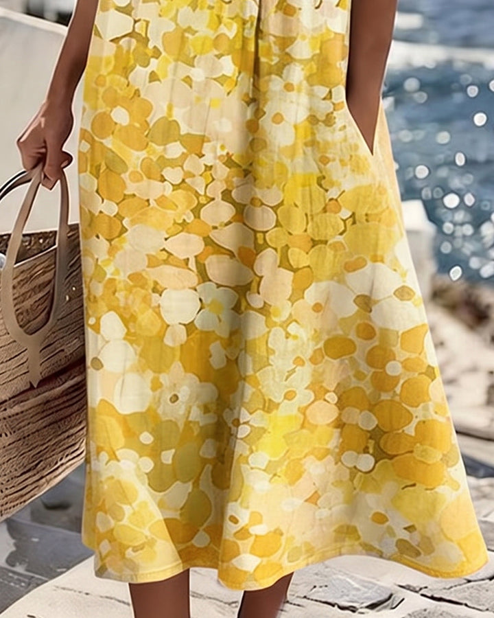 Women's A-line floral print midi dress, short sleeve, round neck, excellent for summer wear.