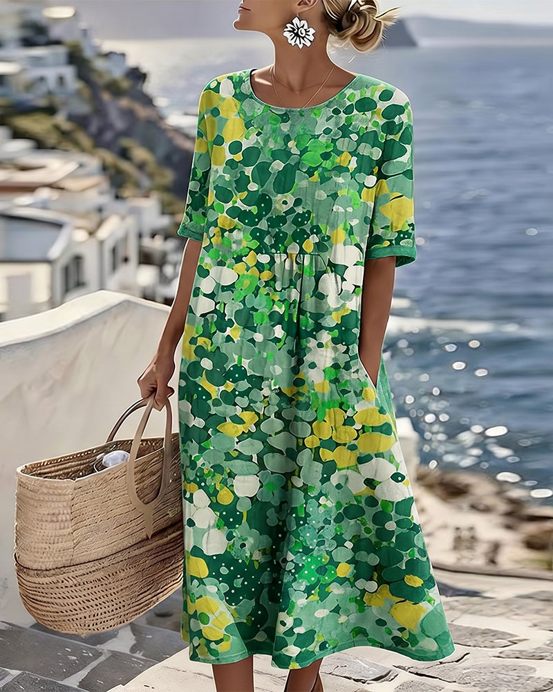 A-line floral midi dress for women, featuring a round neck, short sleeves, and practical pockets.