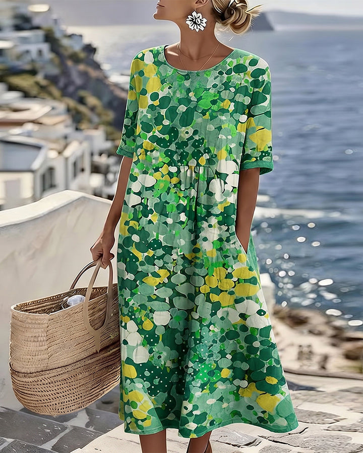 A-line floral midi dress for women, featuring a round neck, short sleeves, and practical pockets.