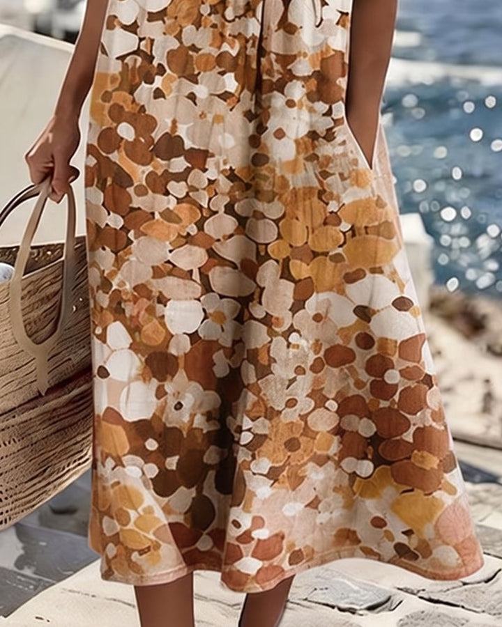 Women's spring/summer floral midi dress, elegant, with pockets, short sleeves, and round neck.