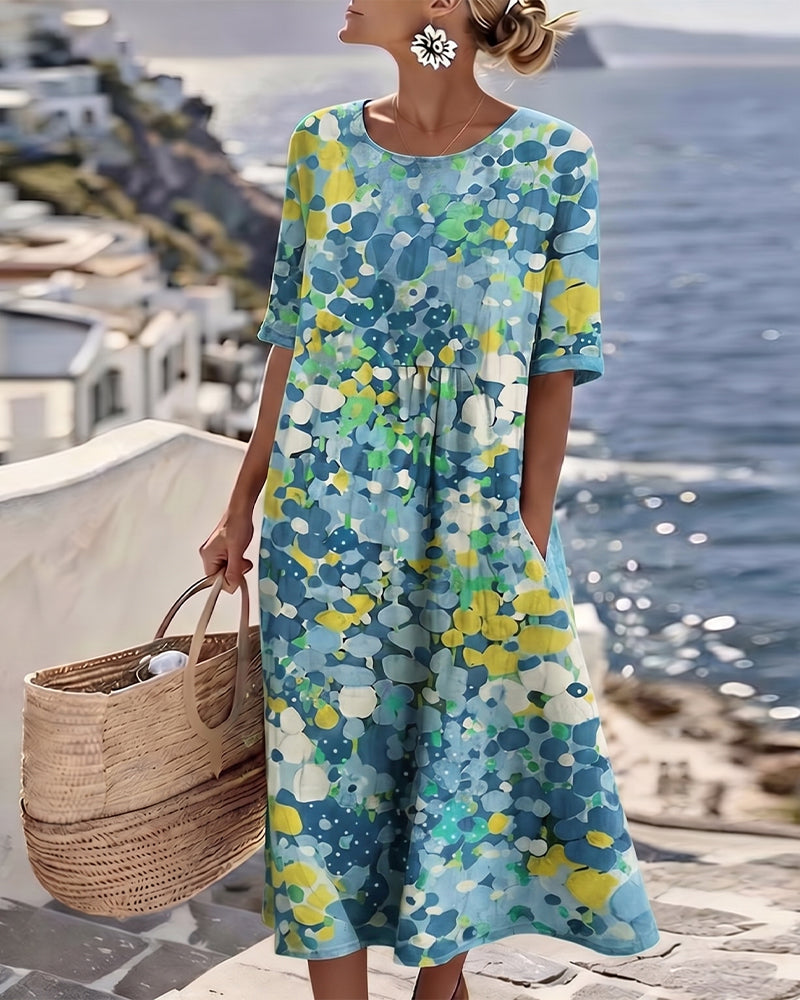 Casual elegant women's summer dress, floral print midi with convenient pockets and short sleeves.
