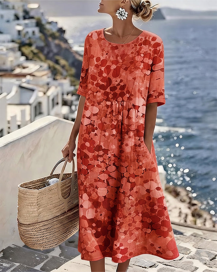 Versatile women's floral A-line midi dress, short sleeve round neck, great for spring/summer.