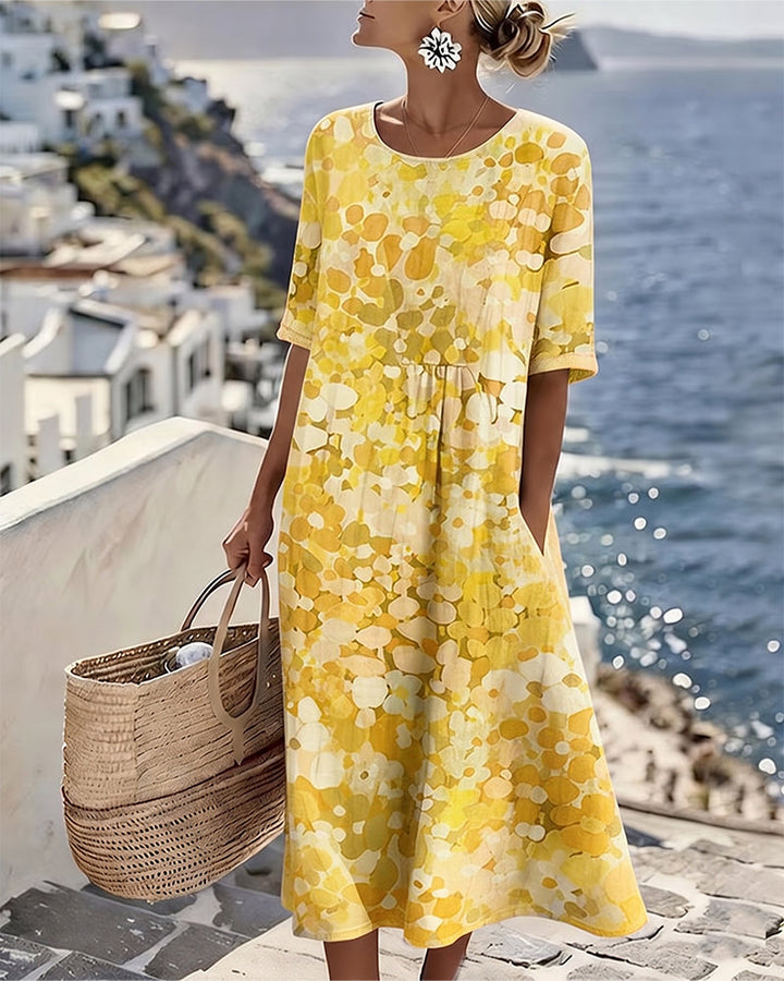 Women's elegant spring fashion floral midi dress with pockets, comfortable and stylish.