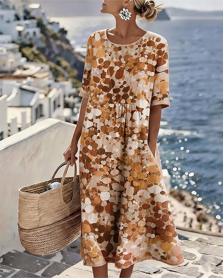 Summer ready floral print midi dress for women, A-line cut, short sleeves, and handy pockets.