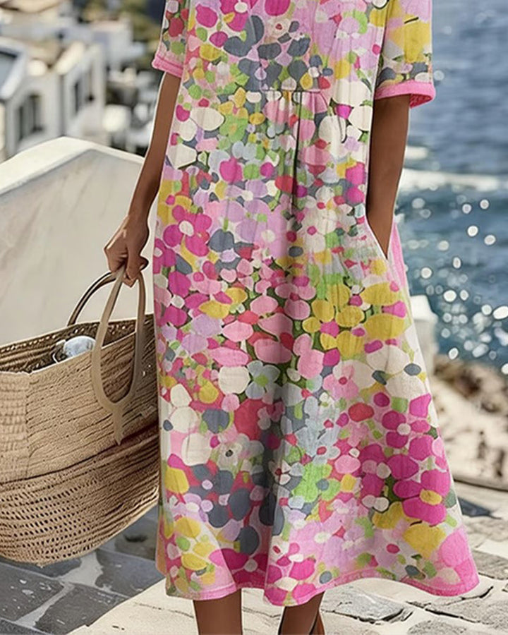 Elegant women's A-line floral midi dress, perfect for casual elegant spring & summer outfits.