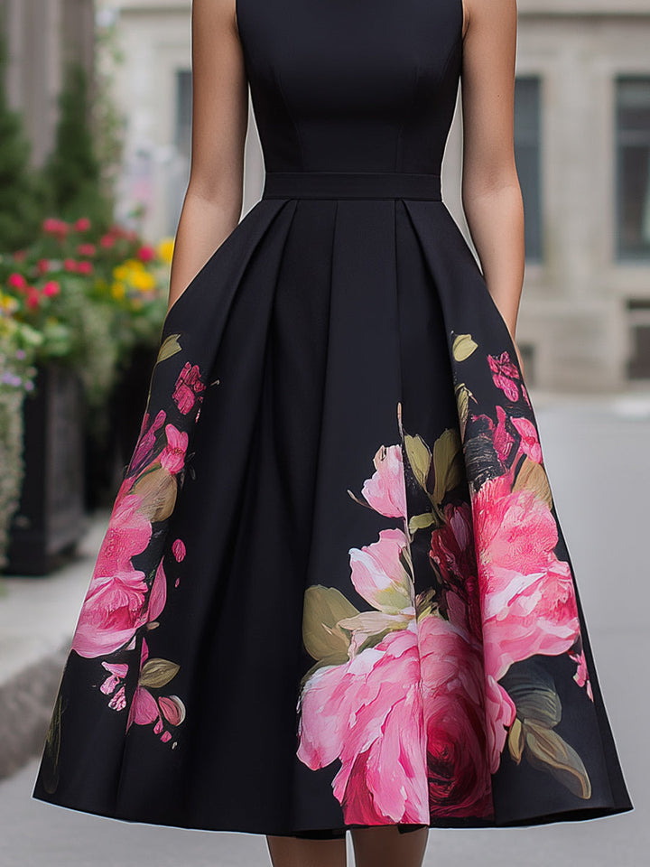 Vibrant floral print sleeveless women's A-line dress, featuring a flattering pleated midi skirt, ideal for autumn.