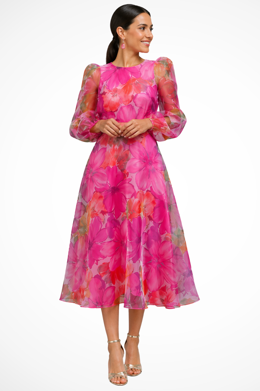 Elegant women's floral puff sleeve midi dress, perfect for wedding guests & special occasions. Spring/Summer formal wear.