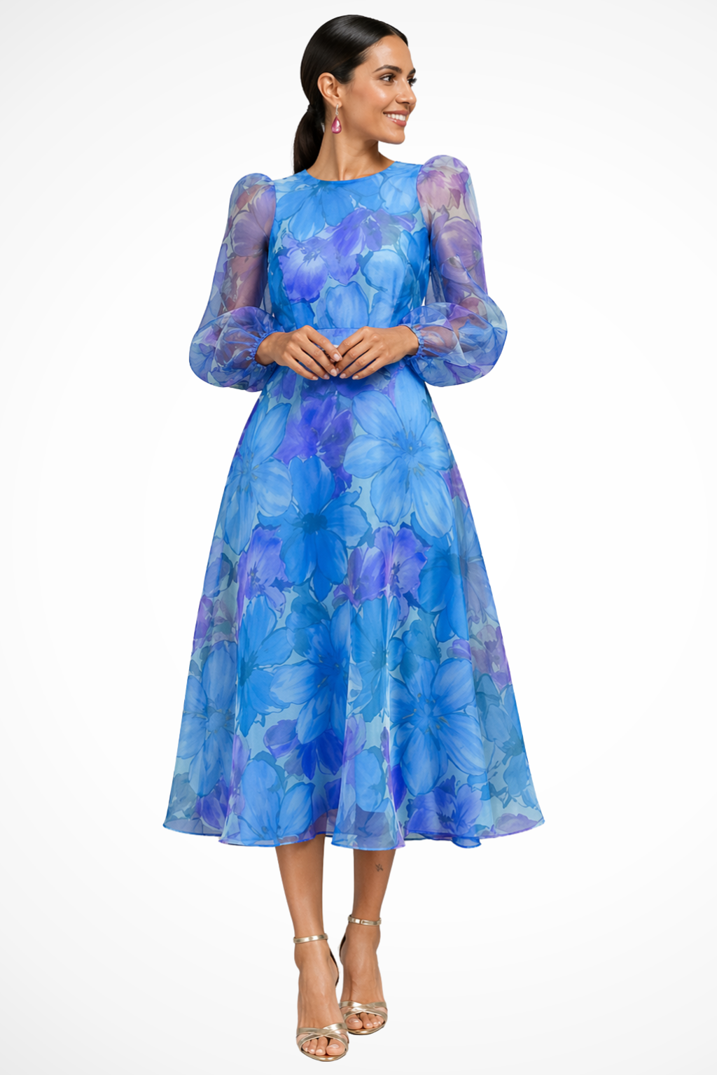Stylish women's floral midi dress with puff sleeves, ideal for summer parties, wedding guests, or formal events.