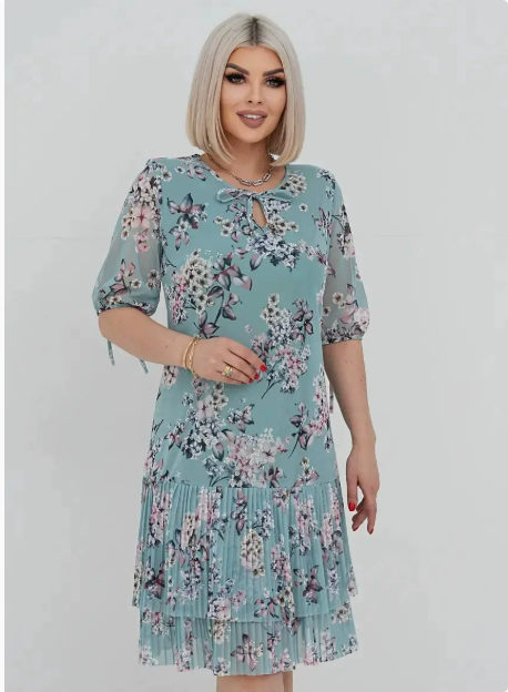 Elegant women's floral puff-sleeve midi dress with tiered skirt, perfect for spring fashion & summer occasions.