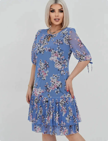 Flowy floral tiered midi dress for women, featuring puff sleeves. Versatile for elegant spring & summer wear.